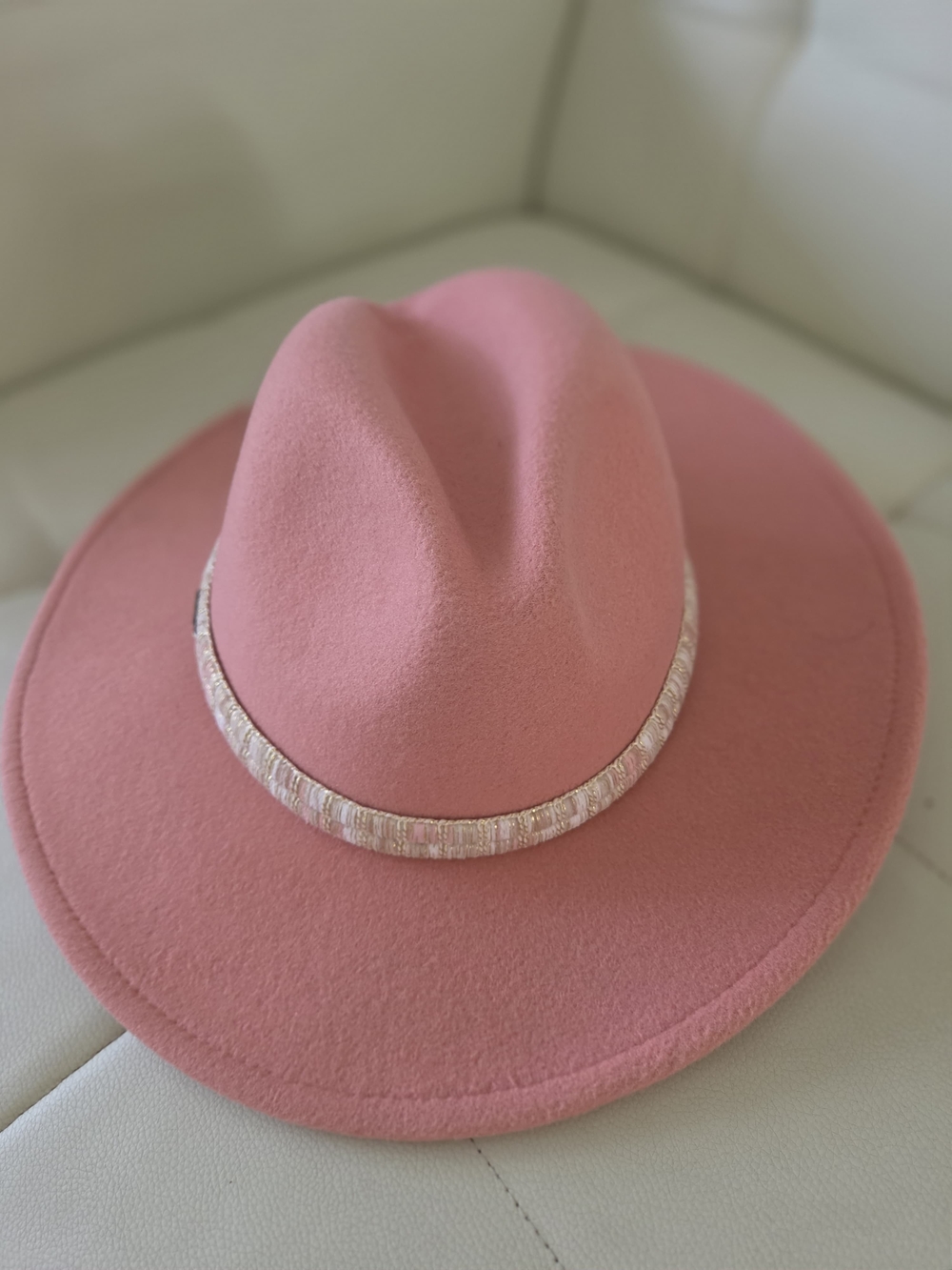 Nine West Blush Pink Felt Fedora with Beaded Trim
